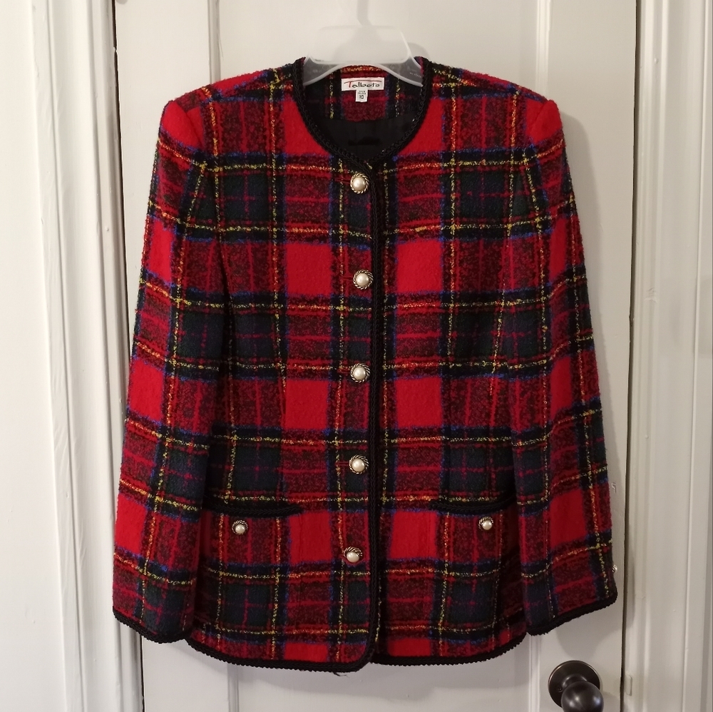 Vintage Talbots Wool Boucle Check Red Jacket Size 10
